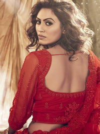 Thumbnail for Myra Red Heavy Embroidered Net bridal Lehenga - Distacart