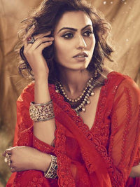 Thumbnail for Myra Red Heavy Embroidered Net bridal Lehenga - Distacart