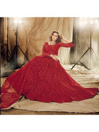 Thumbnail for Myra Red Heavy Embroidered Net bridal Lehenga - Distacart
