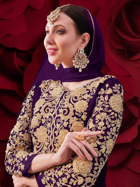 Myra Purple Georgette Embroidered Anarkali Pant Style Suit