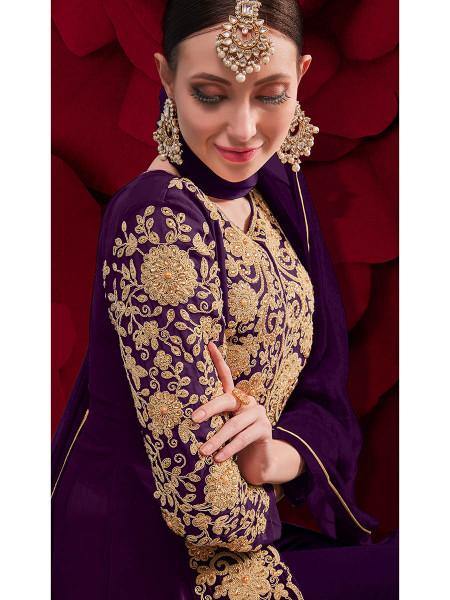 Myra Purple Georgette Embroidered Anarkali Pant Style Suit