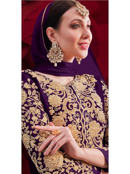 Myra Purple Georgette Embroidered Anarkali Pant Style Suit