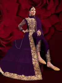 Thumbnail for Myra Purple Georgette Embroidered Anarkali Pant Style Suit