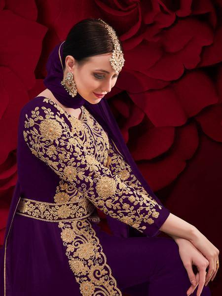 Myra Purple Georgette Embroidered Anarkali Pant Style Suit
