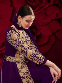 Thumbnail for Myra Purple Georgette Embroidered Anarkali Pant Style Suit
