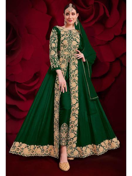 Myra Green Georgette Embroidered Anarkali Pant Style Suit - Distacart