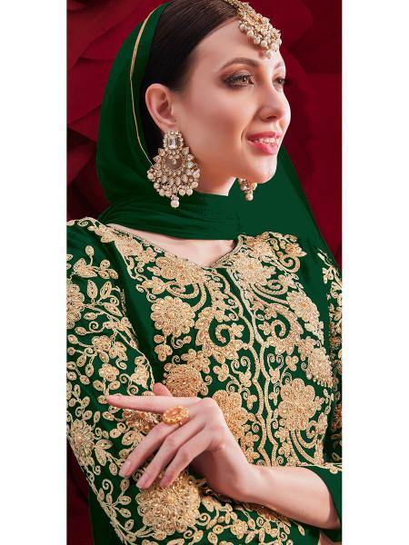Myra Green Georgette Embroidered Anarkali Pant Style Suit - Distacart