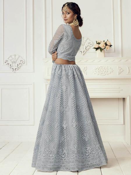 Myra Dusty Sea Blue Heavy Embroidered Net bridal Lehenga - Distacart