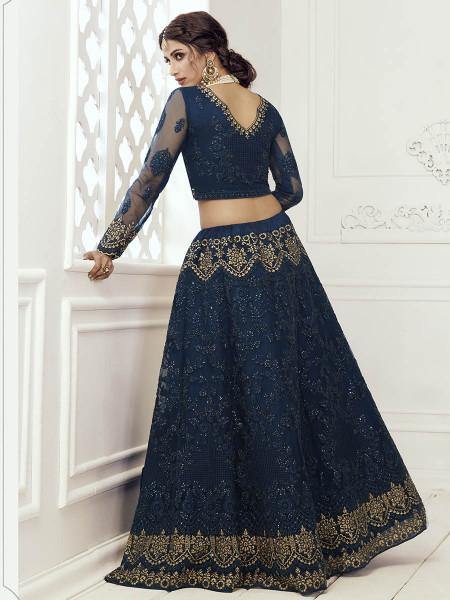 Myra Deep Blue Heavy Embroidered Net bridal Lehenga - Distacart