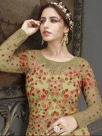 Thumbnail for Green Soft Net Embroidered Handwork Gown Style Suit