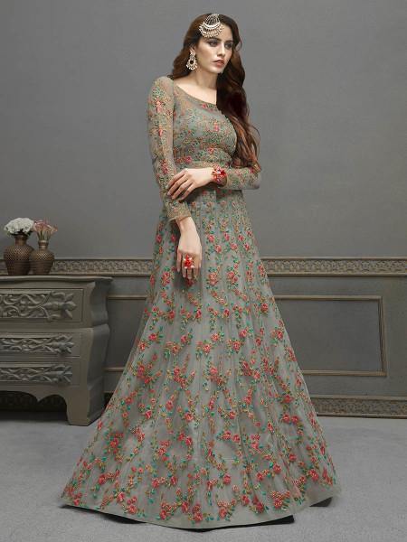 Myra Grey Soft Net Embroidered Handwork Gown Style