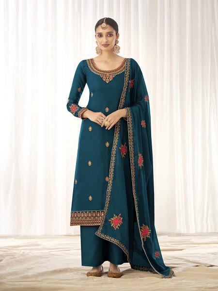 Myra Blue Georgette Embroidered Palazzo Suit