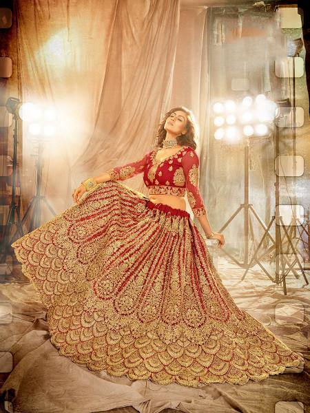 Myra Red Heavy Embroidered Net Lehenga - Distacart