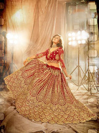 Thumbnail for Myra Red Heavy Embroidered Net Lehenga - Distacart
