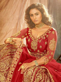 Thumbnail for Myra Red Heavy Embroidered Net Lehenga - Distacart