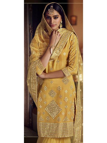 Myra Musturd Yellow Heavy Embroidered Gharara Suit - Distacart