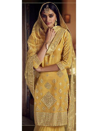 Thumbnail for Myra Musturd Yellow Heavy Embroidered Gharara Suit - Distacart