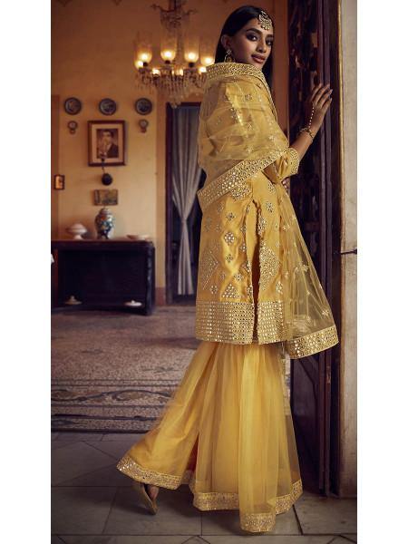 Myra Musturd Yellow Heavy Embroidered Gharara Suit - Distacart