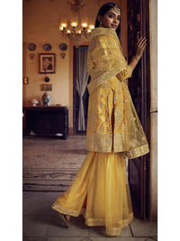 Thumbnail for Myra Musturd Yellow Heavy Embroidered Gharara Suit - Distacart