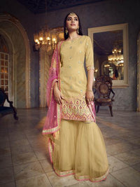 Thumbnail for Myra Beige Heavy Embroidered Gharara Suit - Distacart