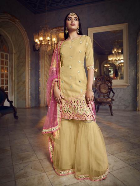 Myra Beige Heavy Embroidered Gharara Suit - Distacart