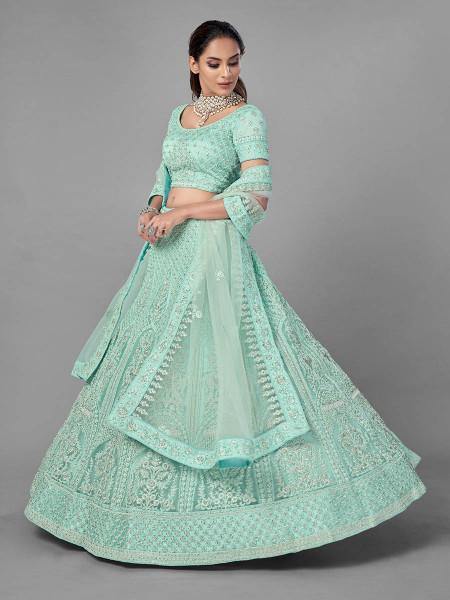 Myra Sea Green Heavy Embroidered Soft Net bridal Lehenga - Distacart
