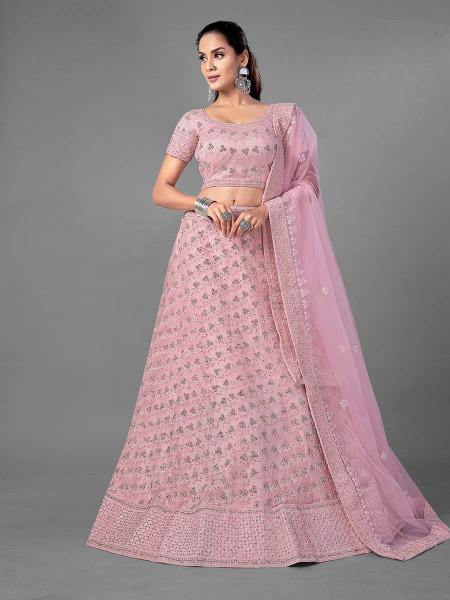 Myra Pink Heavy Embroidered Soft Net bridal Lehenga - Distacart