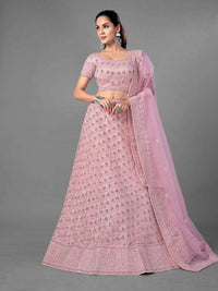 Thumbnail for Myra Pink Heavy Embroidered Soft Net bridal Lehenga - Distacart