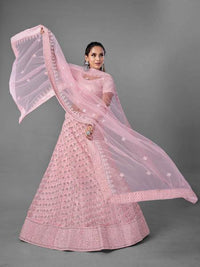 Thumbnail for Myra Pink Heavy Embroidered Soft Net bridal Lehenga - Distacart