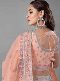 Thumbnail for Myra Peach Heavy Embroidered Soft Net bridal Lehenga - Distacart