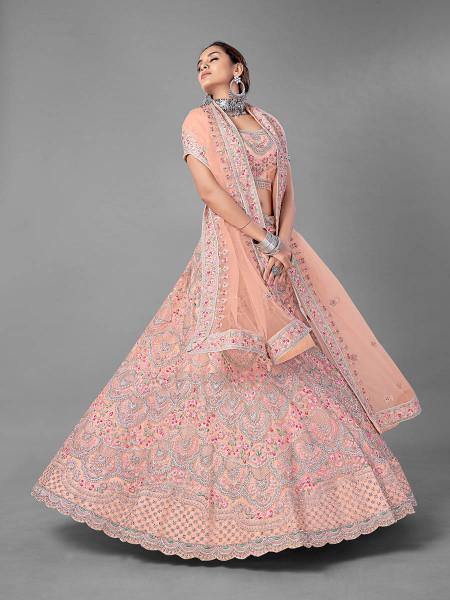 Myra Peach Heavy Embroidered Soft Net bridal Lehenga - Distacart