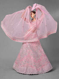 Thumbnail for Myra Pink Heavy Embroidered Soft Net Bridal Lehenga For Girls