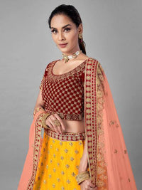 Thumbnail for Myra Musturd Heavy Embroidered Soft Net and Velvet bridal Lehenga - Distacart