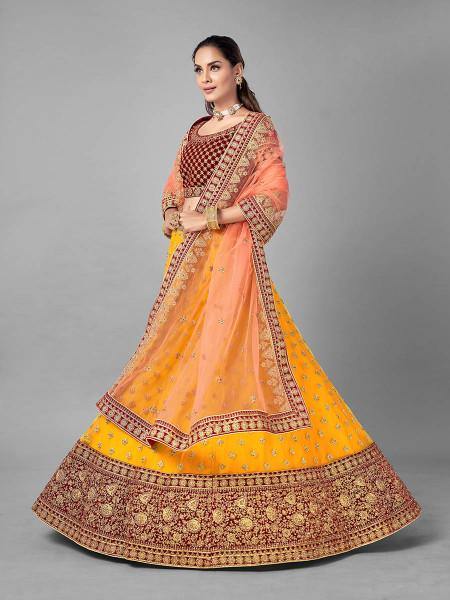 Myra Musturd Heavy Embroidered Soft Net and Velvet bridal Lehenga - Distacart