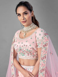 Thumbnail for Myra Beautiful Pink Heavy Embroidered Soft Net Bridal Lehenga online