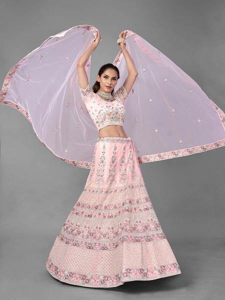 Beautiful Pink Heavy Embroidered Soft Net Bridal