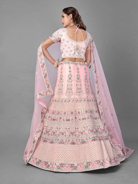 Beautiful Pink Heavy Embroidered Soft Net Bridal Lehenga