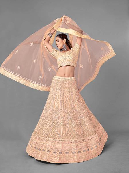Myra Peach Heavy Embroidered Soft Net bridal Lehenga - Distacart