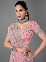 Thumbnail for Myra Pink Heavy Embroidered Soft Net bridal Lehenga - Distacart
