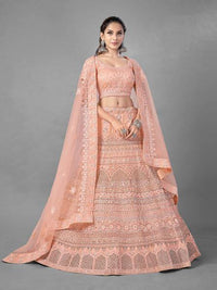 Thumbnail for Myra Beautiful Peach Heavy Embroidered Soft Net Bridal Lehenga