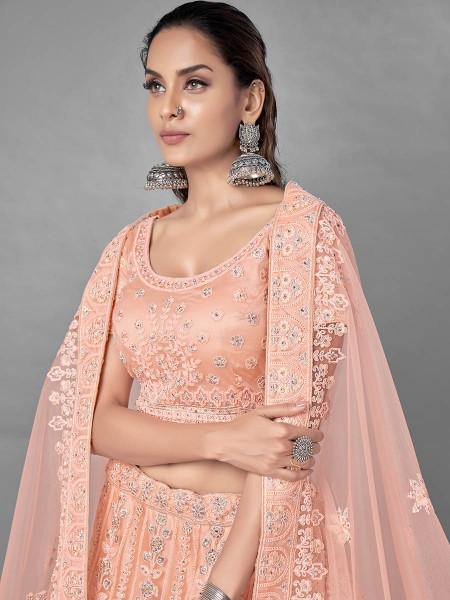 Myra Beautiful Peach Heavy Embroidered Soft Net Bridal Lehenga online