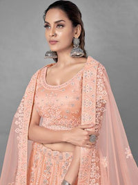 Thumbnail for Myra Beautiful Peach Heavy Embroidered Soft Net Bridal Lehenga online