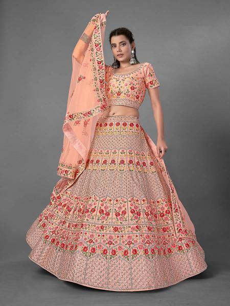 Myra Peach Heavy Embroidered Art Silk bridal Lehenga - Distacart