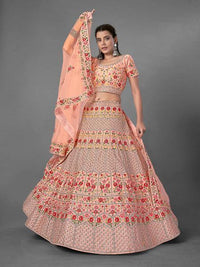 Thumbnail for Myra Peach Heavy Embroidered Art Silk bridal Lehenga - Distacart