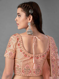 Thumbnail for Myra Peach Heavy Embroidered Satin Bridal Lehenga