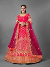 Thumbnail for Myra Pink Heavy Embroidered Satin bridal Lehenga - Distacart