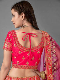 Thumbnail for Myra Pink Heavy Embroidered Satin bridal Lehenga - Distacart