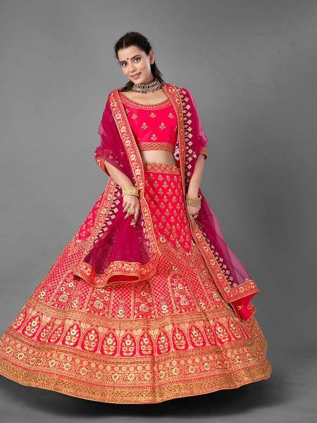 Myra Pink Heavy Embroidered Satin bridal Lehenga - Distacart