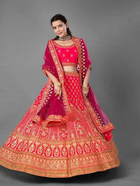 Thumbnail for Myra Pink Heavy Embroidered Satin bridal Lehenga - Distacart
