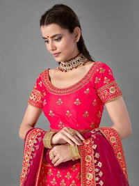 Thumbnail for Myra Pink Heavy Embroidered Satin bridal Lehenga - Distacart
